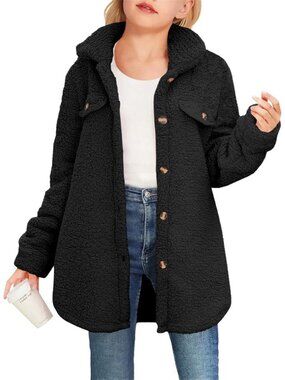 Kids Girl's Black Polyester Casual Button Down Sherpa Faux Fur Fleece Jacket